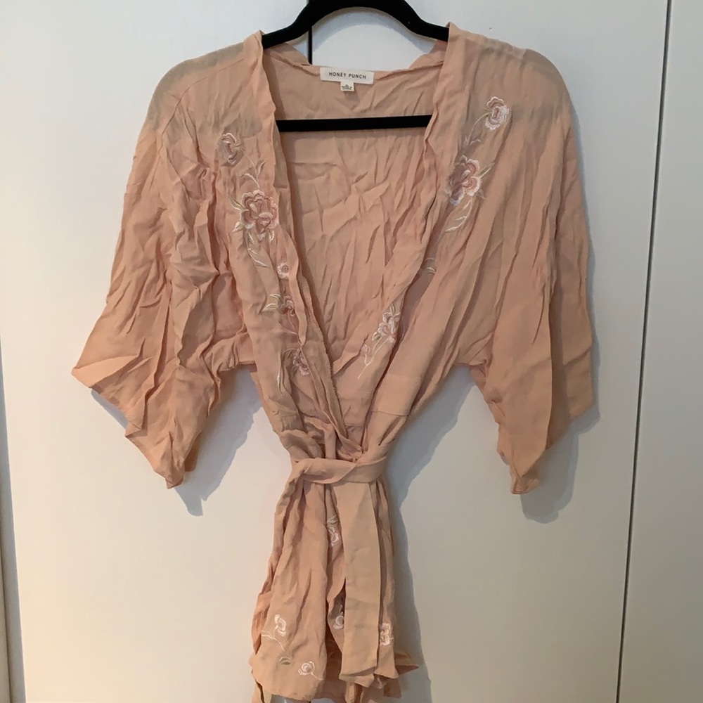 Kimono shaped, wrap peach blouse
